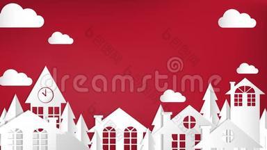 可爱的卡通城市景观动画城市村庄与红色背景上的摇摆云与你的复制空间。镜头设计
